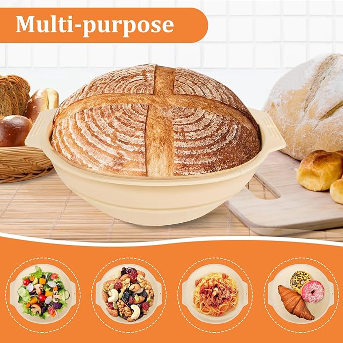 Sourdough Bread Baking Supplies Kit Including 9 inch Round Silicone Banneton Basket, Dough Scraper, Bread Lame, Danish Whisk and Bread Bag;Bread Proofing Basket Set for Home Bakers