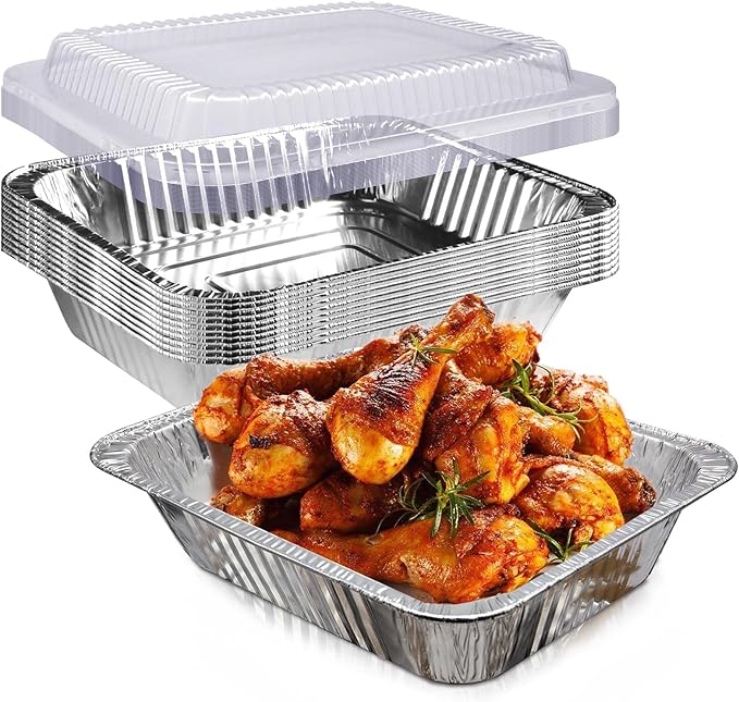 YLT WAX 9x13 Disposable Aluminum Foil Pans with Clear Lids (10 Pack), Durable Half Size Deep Extra Heavy Duty Food Containers for Baking, Cooking, Roasting, Heating or Steam Table