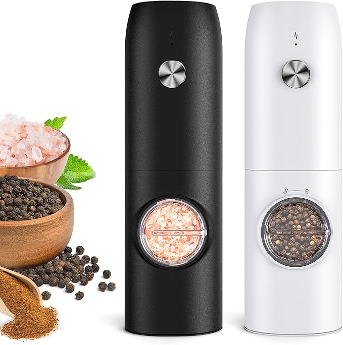 Electric Salt and Pepper Grinder Set, Rechargeable Automatic Pepper Mill Grinder with LED Light, Adjustable Coarseness shakers, One-Hand Operation for kitchen appliances(2 Pack,Black+White)