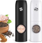 Electric Salt and Pepper Grinder Set, Rechargeable Automatic Pepper Mill Grinder with LED Light, Adjustable Coarseness shakers, One-Hand Operation for kitchen appliances(2 Pack,Black+White)