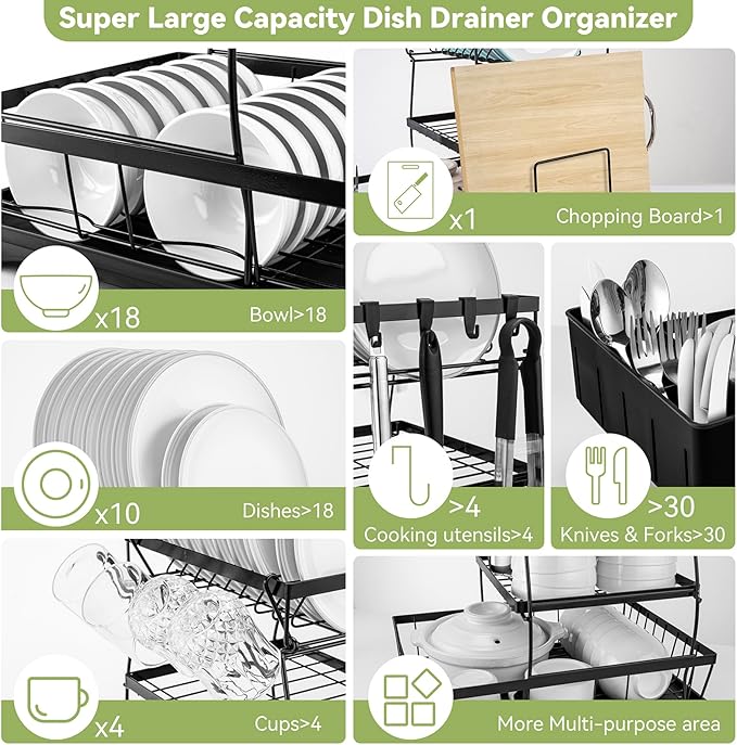 Dish Drying Rack for Kitchen Counter - 3 Tiers Stainless Steel Over Sink Dish Drainers, Space Saving Detachable Large Countertop Organizer with Utensil Holder, Cutting Board Rack (Black)
