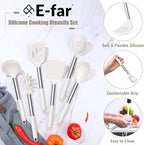 E-far 14 Pieces Silicone Cooking Utensils Set, Kitchen Utensils Set with Holder, Spatula, Ladle, Spoon, Slotted Turner for Nonstick Cookware, 446°F Heat Resistant & Stainless Steel Handle, Cream White
