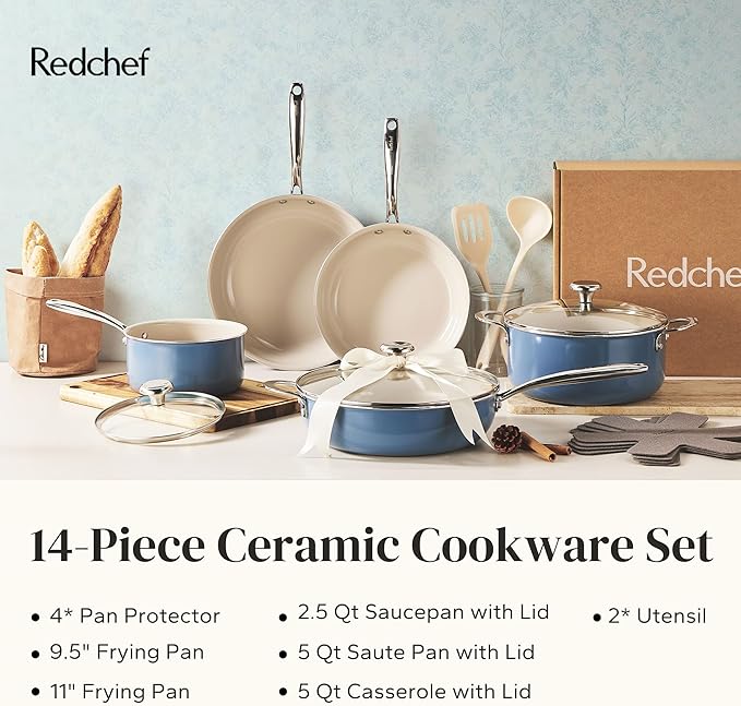 Redchef Ceramic Nonstick Cookware Set,14pcs Pots and Pans Set Non Stick,Induction Cookware with Stainless Steel Handle,Non Toxic Kitchen Cooking Set,Dishwasher & Oven Safe,PFAS PFOA & PTFE Free（Blue）
