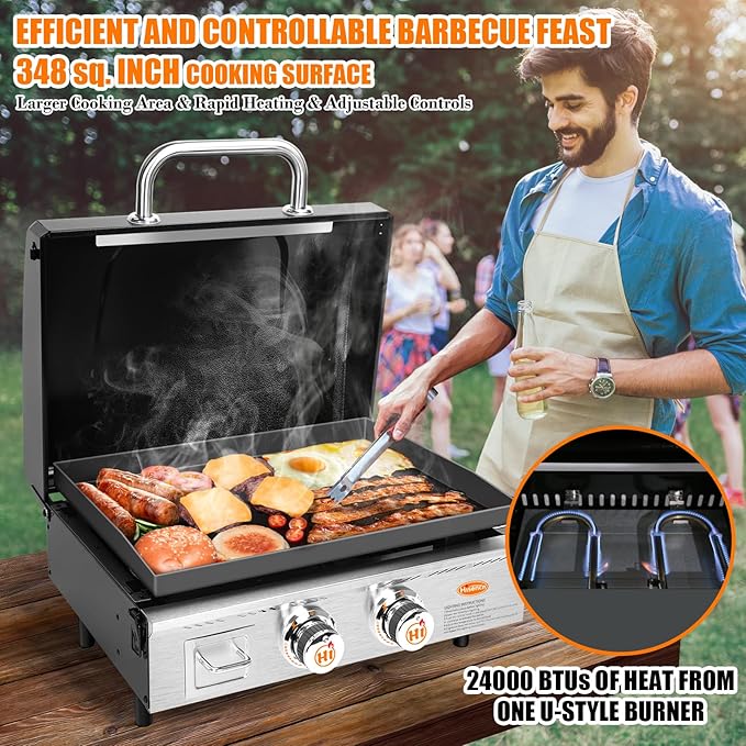 Hisencn Portable Griddle for Outdoor, Tabletop, Countertop, Kitchen, Tailgating, RV - Nonstick Camping Griddle 369 sq. in. 24000 BTUs Griddle for Gas Grill, 22 Inch with Hood, with Carry Bag