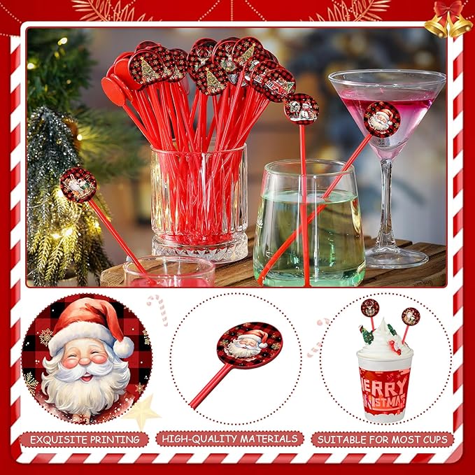 Meanplan 60pcs Christmas Swizzle Sticks Christmas Cocktail Stirrers Plastic Stir Sticks Xmas Santa Claus Snowman Decorations for Birthday Party Coffee Shop Supplies Favors Gifts(Buffalo Plaid)