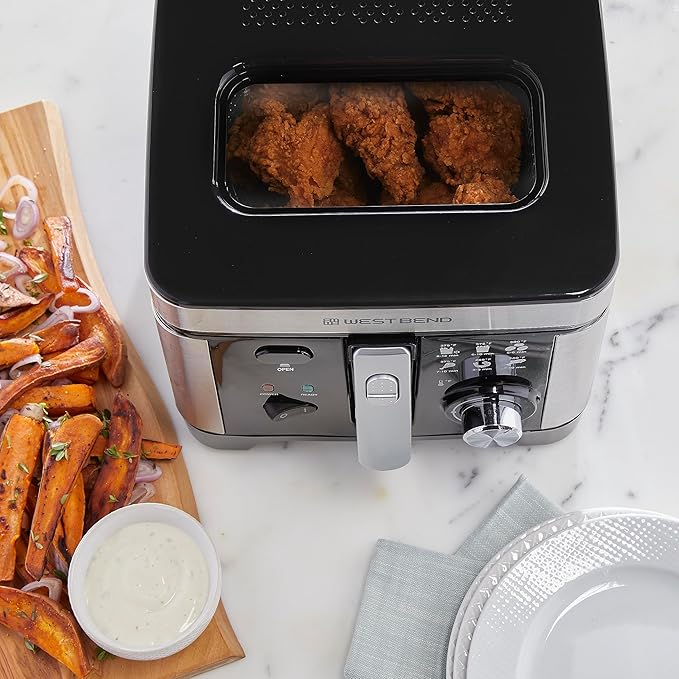 West Bend Deep Fryer with Adjustable Temperature Control Nonstick Basket Easy-View Window and Temperature Guide, Folding Handle and Locking Cover for Easy Storage, 3-Liter, Silver