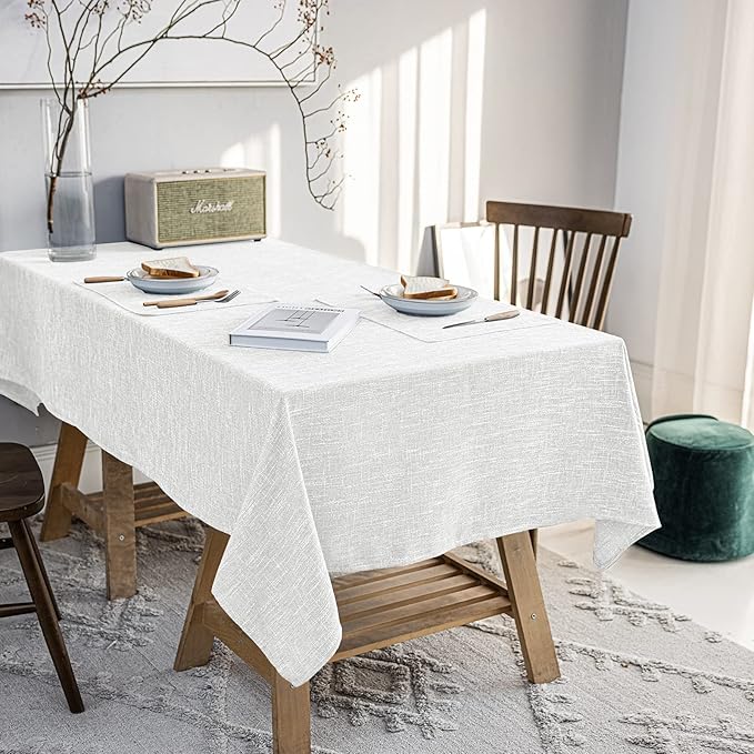 Waterproof Cotton Linen Tablecloths Rectangle Dining Table Cloth, Wipe Clean Indoor & Outdoor Table Cover for Buffet Party and Banquets, Wrinkle Resistant（54"x120"） White