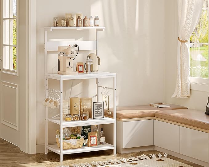 SUPERJARE Kitchen Bakers Rack with Power Outlet, Coffee Bar Table 4 Tiers, Kitchen Microwave Stand with 6 S-Shaped Hooks, Storage Shelf Rack for Spices, Pots and Pans - White