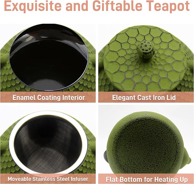 20.3oz Small Cast Iron Teapot for Personal, SECHUDO Tea Kettle for Stovetop Safe Coated with Enameled Interior, Green Tea Pot with Stainless Steel Infuser for Loose Tea (600ml)