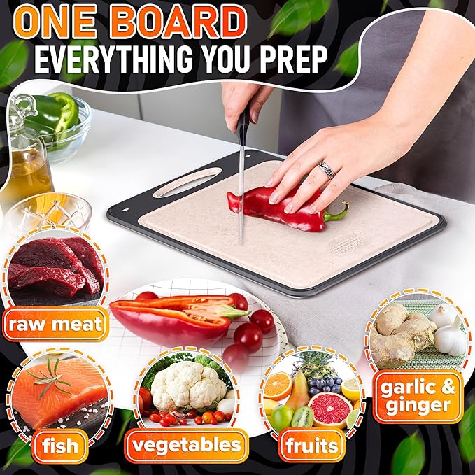 Stainless Steel Cutting Board 16x11 – 304 Stainless Steel Cutting Boards for Kitchen | Easy Grip Handle, Easy to Clean – Double Sided with PP Wheat Straw for Raw Meat, Chopping Fruits & Vegetables