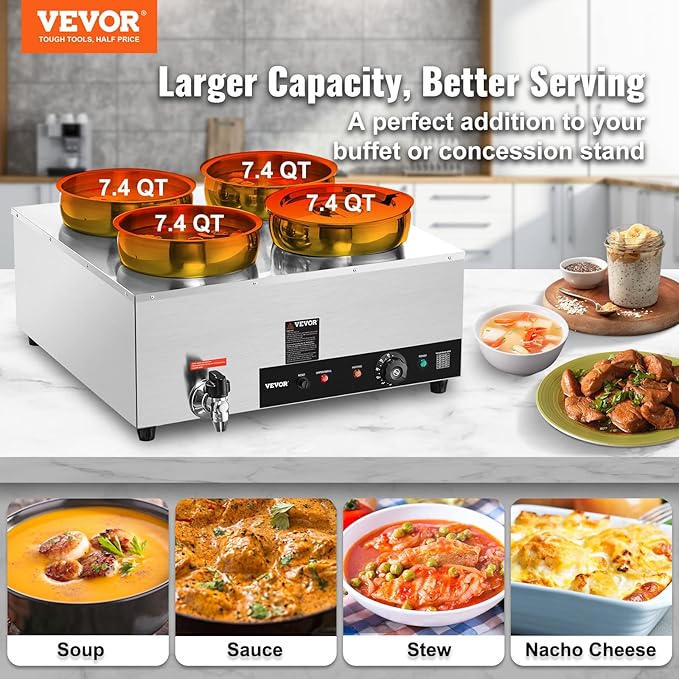 VEVOR Electric Soup Warmer, Four 7.4QT Stainless Steel Round Pot 86~185°F Adjustable Temp, 1500W Commercial Bain Marie with Anti-Dry Burn and Reset Button, Soup Station for Restaurant, Buffet, Silver