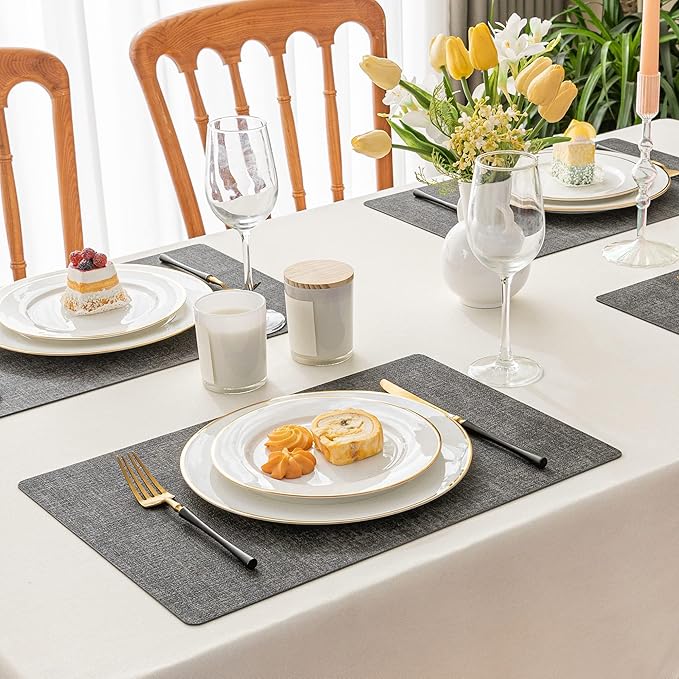 Romanstile Vinyl Placemats Set of 6-12 X 18 Inch - Heat Resistant Place Mats 100% Waterproof Oilproof Wipeable Reversible Faux Leather Table Mats for Kitchen/Dining/Party/Holiday, Dark Grey