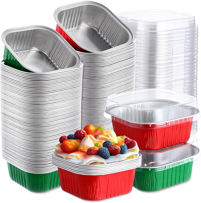 Aoriher 150 Pieces 10 oz Christmas Mini Cake Pans with Lids Christmas Aluminum Pans Baking Cups Square Disposable 4" x 4" Baking Tins for Desserts Xmas Party Supplies (Red Green)