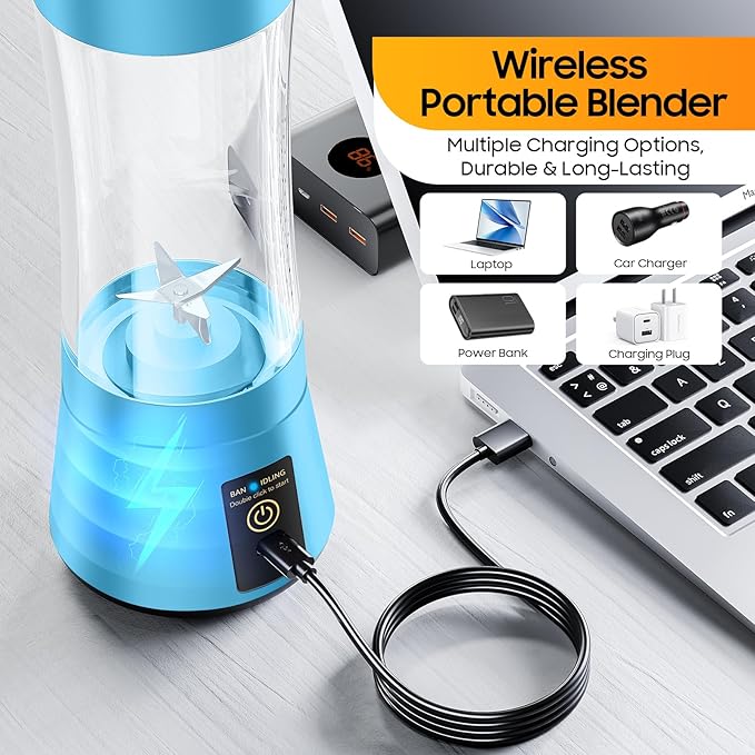 Portable Blender Make Shakes and Smoothies - USB Rechargeable Personal Size Mini Blender Freshly Squeezed, 380Ml BPA Free Travel Cup in Picnic/Office/Gym