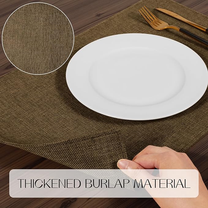 Romanstile Cloth Placemats Set of 6-12 x 18 Inch, Heat Resistant Double Layered Thickened Burlap Place Mats, Washable Faux Linen Farmhouse Table Mats for Kitchen/Dining/Party/Outdoor, Brown