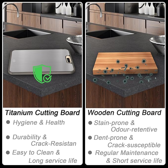 Titanium Cutting Boards for Kitchen, Double Sided Food Grade Cutting Board, Pure Titanium & Wheat Straw PP Chopping Board for Meat, Vegetables and Fruits 15.15×10.43in