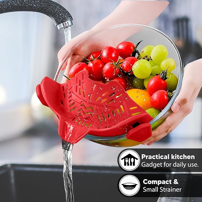 Clip On Strainer, Pot Strainer for Pasta, Vegetables, Fruit and Meat- Kitchen Silicone Strainer Colander for All Pots, Pans and Bowls (Red)