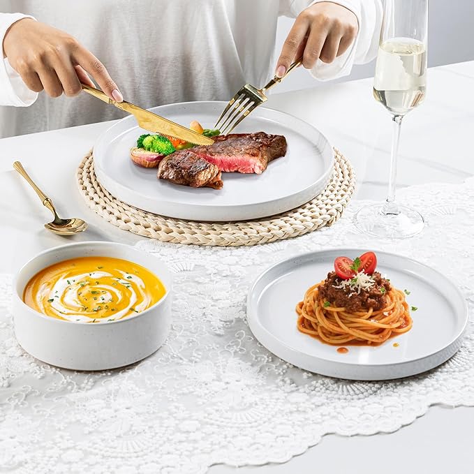 AmorArc Ceramic Dinnerware Set for 8 | Speckled Stoneware Plates and Bowls with Rustic Terracotta Underside| Scratch Resistant,Dishwasher & Microwave Safe Dishes Sets- 24pcs White