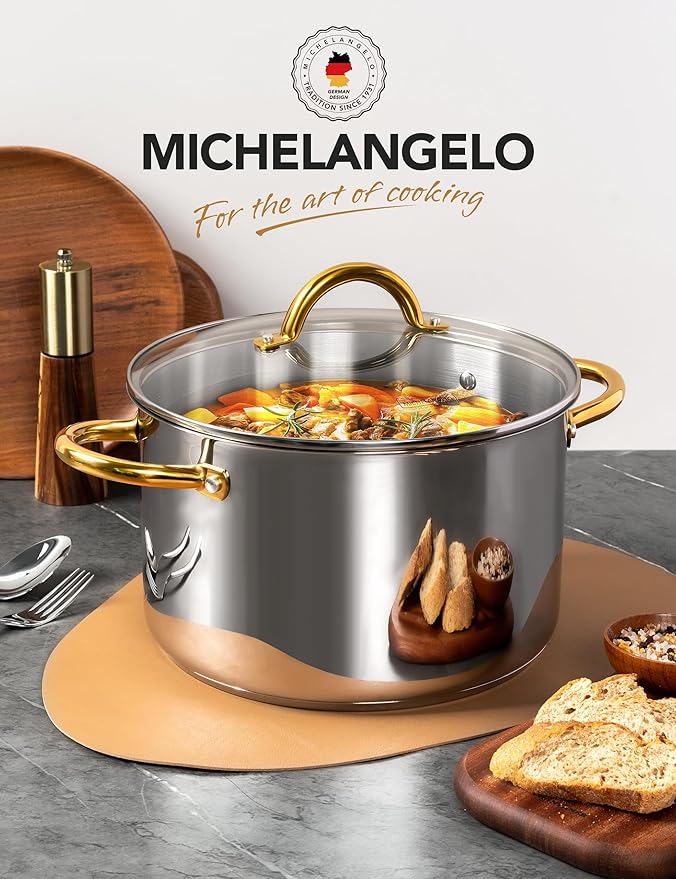 MICHELANGELO Stainless Steel Stock Pot - 8 Quart With Lid, Induction Compatible, Riveted Handle, Oven & Dishwasher Safe
