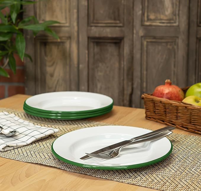 Red Co. Set of 4 Enamelware Metal Classic 10" Round Dinner Plate, Solid White/Dark Green Rim