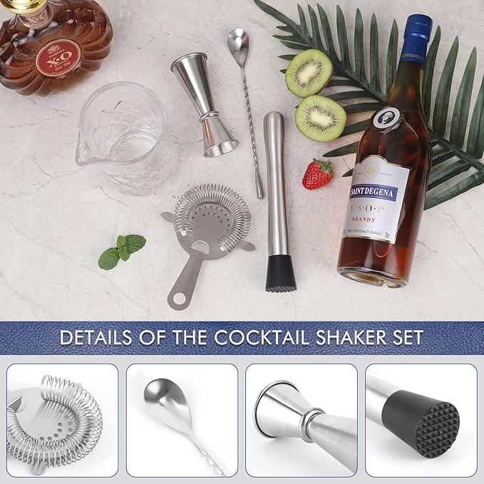 5PCS Crystal Cocktail Mixing Glass Set 18.6oz Bartender kit Cocktail Mixing Set Glass with Spoon, 1/2oz Jigger, Strainer and Muddler for Home Bar Party