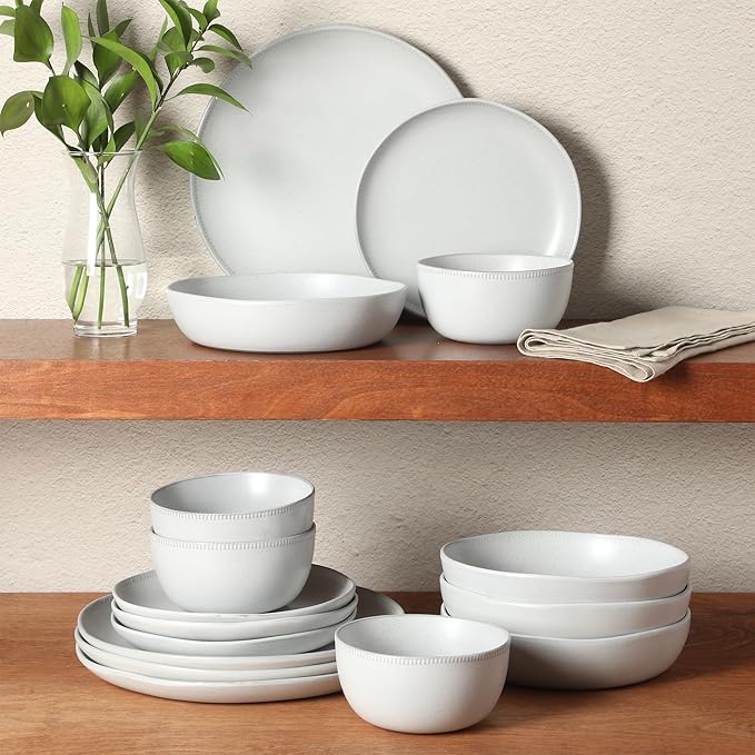 Gibson Elite Menlo Park 16-Piece Pottery Clay Stoneware Dinnerware Set – White Reactive Glaze, Embossed Plates and Bowls W/Pasta Bowl, Service for 4 – Microwave & Dishwasher Safe