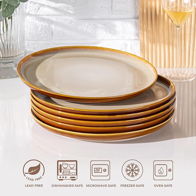 LERATIO Ceramic Dinner Plates Set of 6, 10.5 Inch Reactive Glaze Porcelain Plates, Modern Shape Dinnerware Dishes Set for Kitchen,Microwave&Dishwasher&Oven Safe, Scratch Resistant-Khaki
