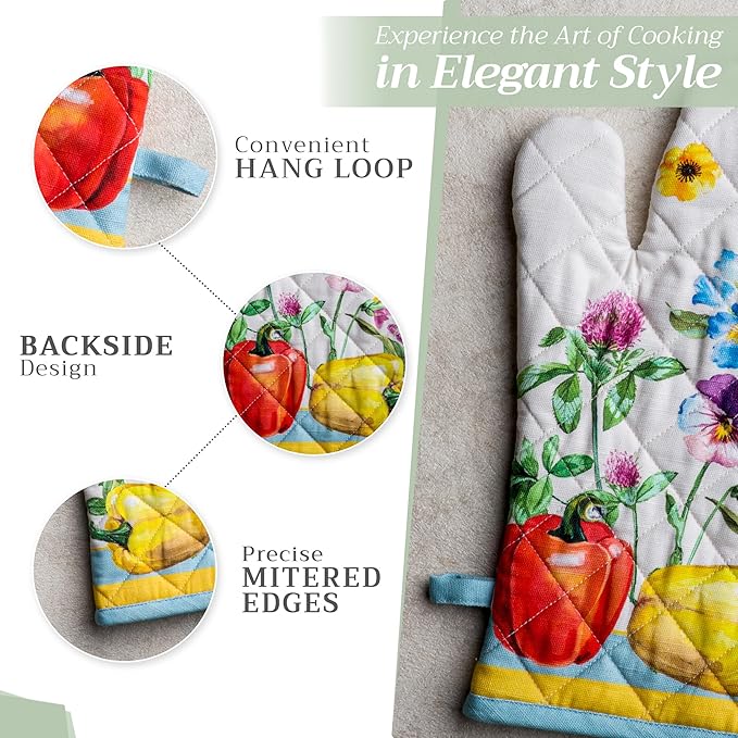 Maison d' Hermine 100% Cotton Oven Mitt & Pot Holder Set (7.5"x13" & 8"x8") Heat Resistant BBQ Cooking Gloves with Loop, Baking, Grilling, Kitchen, Handling Hot Pans Spring/Summer (Giverny)