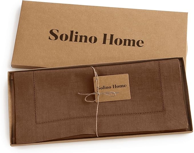 Solino Home Linen Brown Table Runner 48 Inches - Classic Hemstitch, 100% Pure Linen Coffee Table Runner 14 x 48 Inch Ideal for Dresser Tables, Fall, Autumn