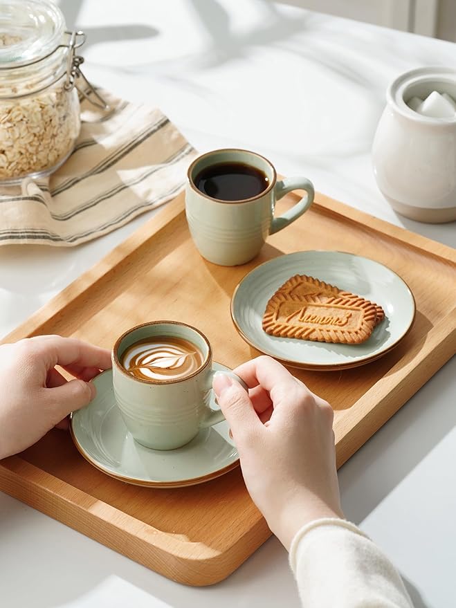 amiware Jupiter Espresso Cups and Saucers Set of 4, 3 oz Ceramic Small Coffee Mug with Handle, Spiral Stoneware Demitasse Cup for Tea, Latte, Cafe - Microwave & Dishwasher Safe, Light Green