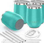 THILY Stainless Steel Stemless Wine Glasses 4 Pack Vacuum Insulated Cute Travel Wine Tumbler Set with Splash-proof Lids, Reusable Straws, Keep Cold & Hot for Wine, Coffee, Teal