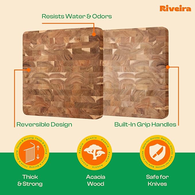 Riveira Acacia Wood Cutting Board – Gourmet Acacia Grandeur: 14 x 14 Wooden Cutting Board – Natural Wooden Cutting Boards For Kitchen Decorative – Innovative Juice Grooves Acacia Wooden Chopping Board