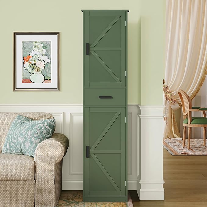 WEENFON Tall Bathroom Cabinet, Narrow Storage Cabinet with 6 Shelves & Drawer, Storage Cabinet with Adjustable Shelves, Tall Cabinet for Living Room, Home Office, Forest Green