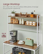 VASAGLE Hutch Bakers Rack with Power Outlet, 14 Hooks Microwave Stand, Adjustable Coffee Bar with Metal Wire Panel, Kitchen Storage Shelf, 15.7 x 39.4 x 66.9 Inches, Rustic Walnut and White UKKS038W41