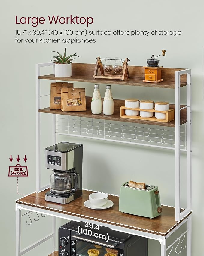 VASAGLE Hutch Bakers Rack with Power Outlet, 14 Hooks Microwave Stand, Adjustable Coffee Bar with Metal Wire Panel, Kitchen Storage Shelf, 15.7 x 39.4 x 66.9 Inches, Rustic Walnut and White UKKS038W41