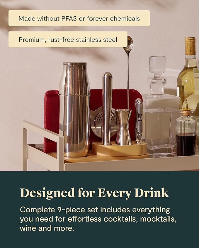 Caraway 9-Piece Complete Bar Set - Cocktail Shaker, Jigger, Muddler, Wine Key, Strainer, Bar Spoon, Storage Organizer, Magnetic Backer - Bartender Accessories - Home Bartending - Manhattan Red