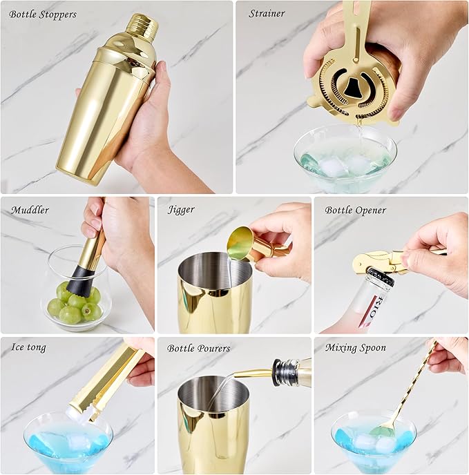 Cocktail Shaker Set Bartender Kit - 11 Pcs Bar Tool Set with Bamboo Stand & All Bar Accessories: Martini Shaker, Strainer,Jigger, Muddler, Mixer Spoon Barware Kit, for Bar, Home Lounge & Party(Gold)