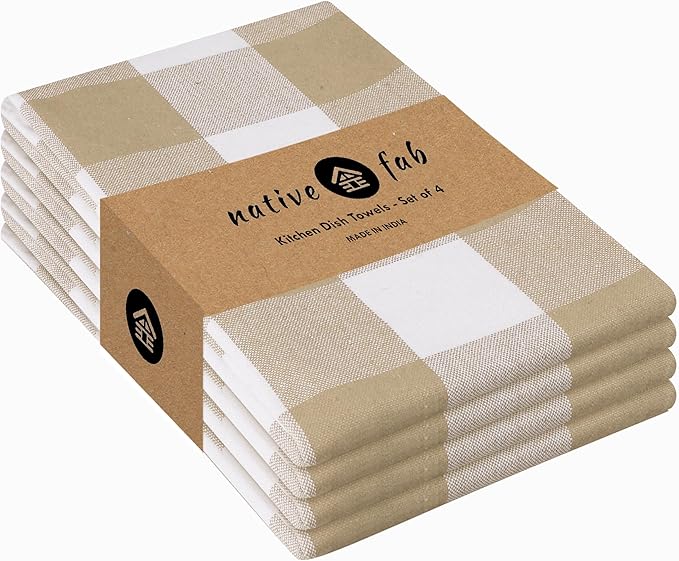 Native Fab 4 Pack Buffalo Check Kitchen Towel 16"x26" - Cotton Dish Towels Washable - Absorbent Tea Towels, Soft Hand Towel with Hanging Loop, Dish Cloth Set - Beige White