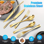 Lemeya 24-Piece Gold Silverware Set with Steak Knives,Forged 18/10 Stainless Steel Cutlery Set for 4,Modern Heavy Duty Flatware Utensils Set,Fork Spoon and Knives Set, Mirror Polished,Dishwasher Safe