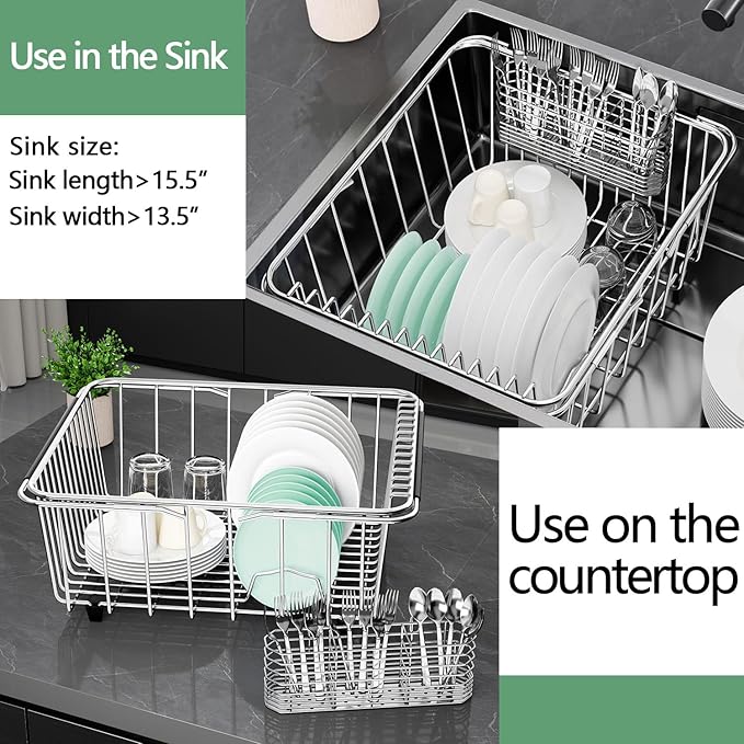 Large Dish Drainer Rack in Sink Adjustable, Expandable 304 Stainless Steel Metal Dish Drying Rack Organizer with Stainless Steel Utensil Holder Over Inside Sink Counter, Rustproof
