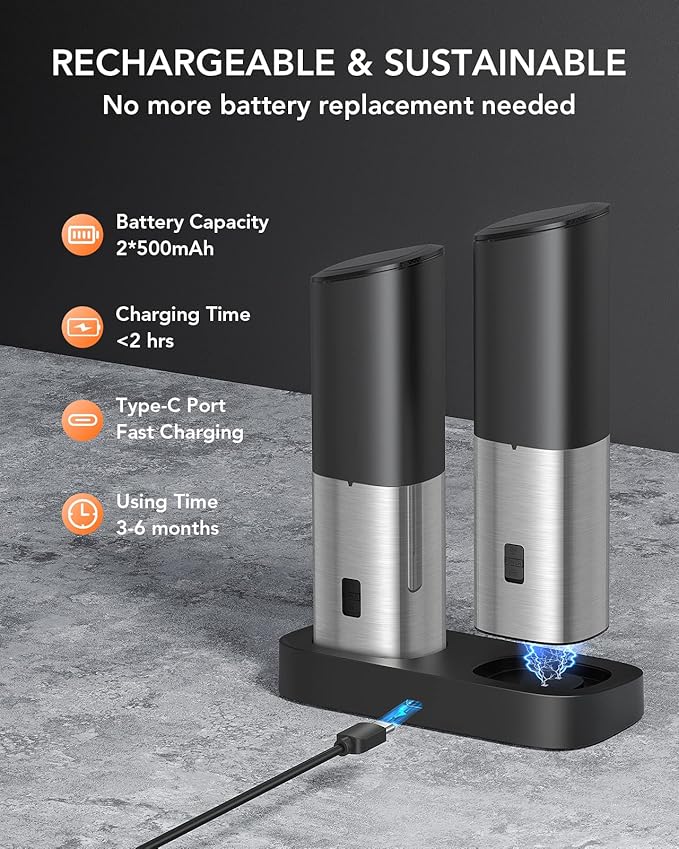 FORLIM Gravity Electric Salt and Pepper Grinder Set, Upgraded Large Capacity, USB Rechargeable Automatic One Hand Operated, Adjustable Coarseness, Auto Dust Lid, LED Light(Stain Steel Black)