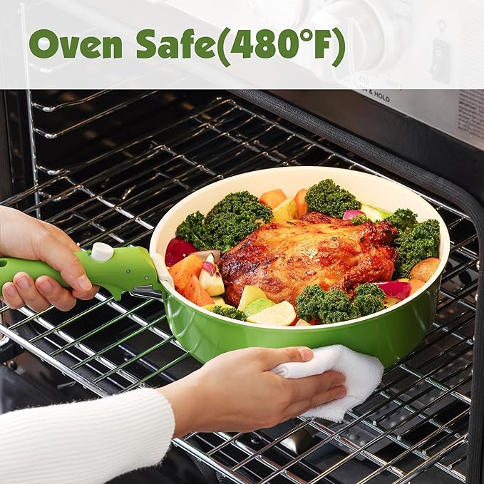 SENSARTE 17 Piece Ceramic Pots and Pans Set, Nonstick Detachable Handle Cookware, Induction Kitchen Cookware Set with Removable Handle, Dishwasher ＆ Oven Safe (Green)