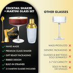 VEMACITY - Luxury Gold Cocktail Shaker Set - 15oz Glass Shaker with Strainer, 2 Gold-Rim 10oz Ribbed Martini Glasses and Bar Tools - Wedding Gift and Gift Sets
