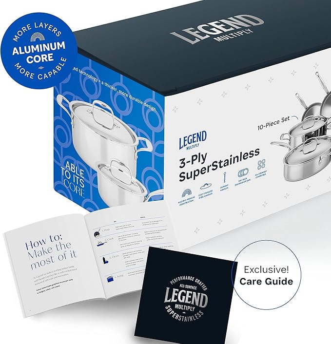 LEGEND COOKWARE 3 Ply Stainless Steel Pots and Pans Set | 10-Piece, Induction, Non-Toxic, Oven Safe | Best 18/8 Full Clad | Premium Kitchen Cooking, Professional Chef Quality | PFOA, PTFE & PFOS Free