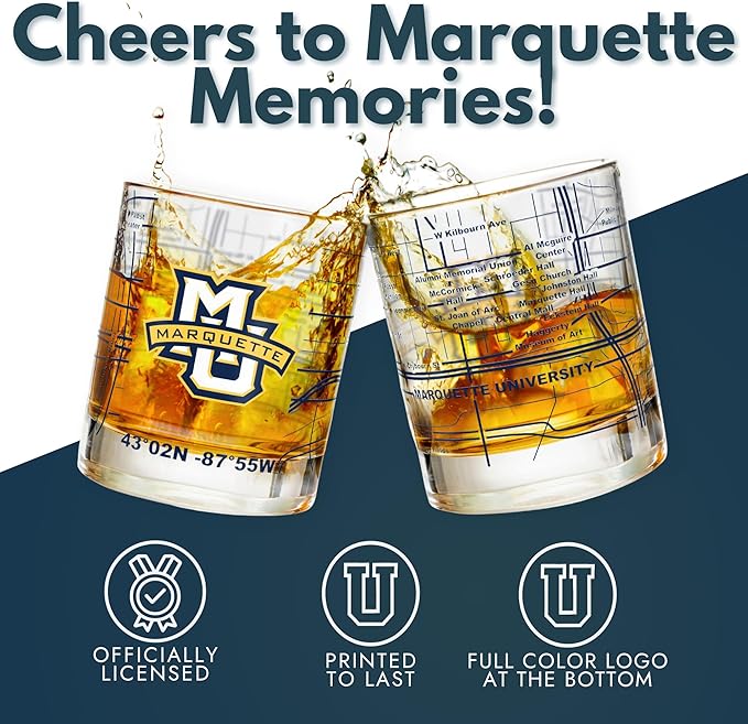 Greenline Goods – University of Marquette Golden Eagles College Whiskey Glasses (Set of 2), 10 oz – Full-Color Logo + Campus Map