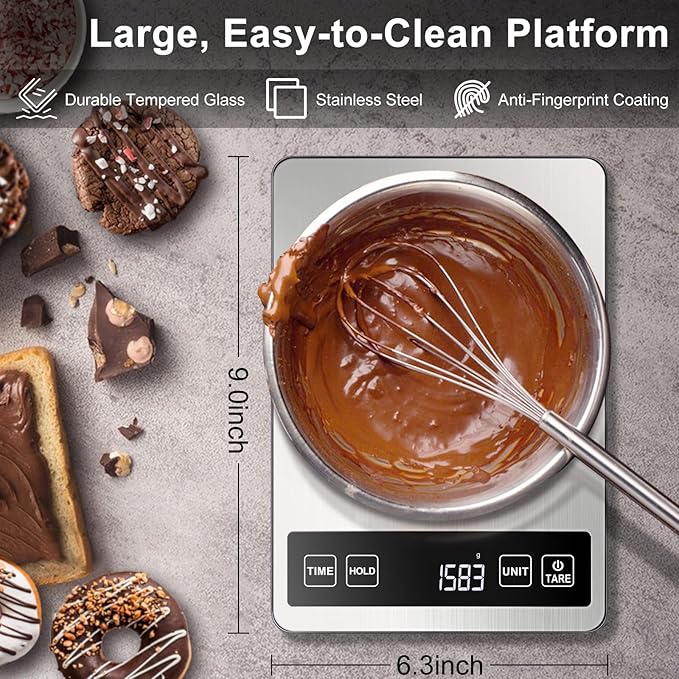 Fuzion Food Scale, 1g/0.1oz Kitchen Scale Grams and Ounces - 22lb, 7 Units, Tare & Timer Functions, Rechargeable Power, Tempered Glass & Stainless Steel - Digital Food Scale for Cooking, Baking