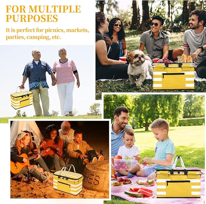 Insulated Picnic Basket,Leak-Proof Collapsible Cooler Bag,26L Grocery Basket with Lid,2 Sturdy Handles,Storage Basket for Picnic,Food Delivery,Take Outs,Market Shopping,Travel (Yellow)