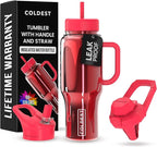 Coldest Tumbler with Handle and Straw - 100% Spill Proof Tumbler with Straw (3 Lids), Stainless Steel Insulated Leakproof Tumblers for Women & Men - 36 oz (Raspberry Reflections)