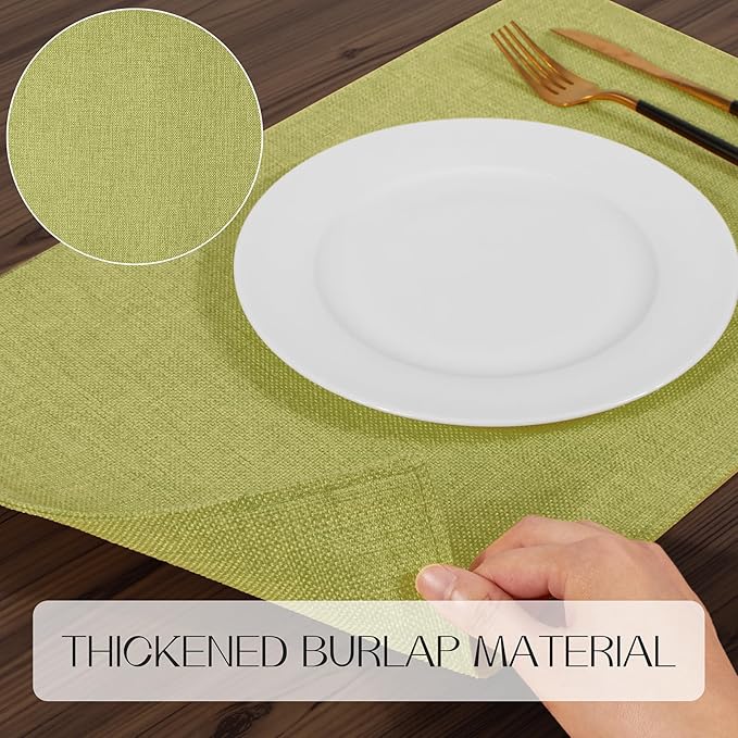 Romanstile Cloth Placemats Set of 6-12 x 18 Inch, Heat Resistant Double Layered Thickened Burlap Place Mats, Washable Faux Linen Farmhouse Table Mats for Kitchen/Dining/Party/Outdoor, Green