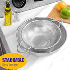 E-far 3QT & 5QT Colander Set of 2, Stainless Steel Micro-Perforated Colander Strainer with Handle for Kitchen/Draining Pasta/Rinsing Vegetables Fruits, Heavy Duty Metal & Dishwasher Safe
